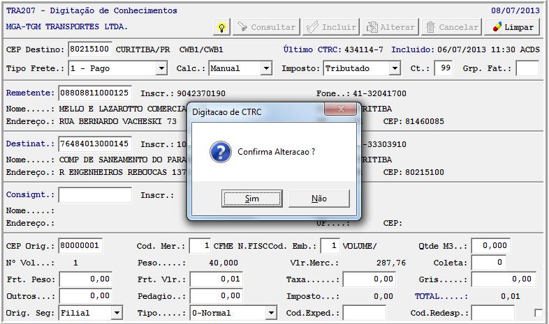 perguntar sobre a alteração Volte ao