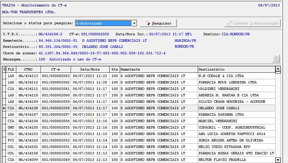 este CTe Em status 6-AUTORIZADO visualize