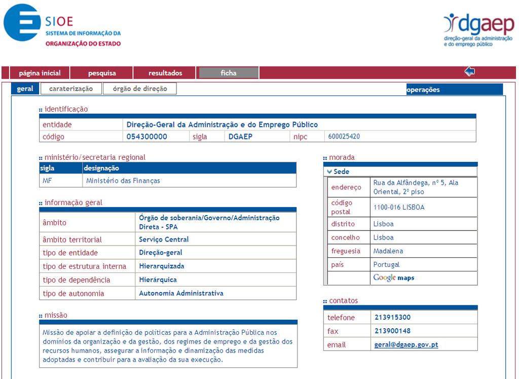 Figura 6 Resultados da pesquisa O separador ficha (Figura 7) contém o código SIOE associado à entidade.