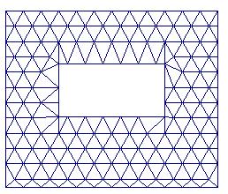 Em seguida, essa grade é superposta ao domínio exterior; os triângulos que estiverem fora do domínio são removidos e os triângulos que interceptam a fronteira do domínio são ajustados, como mostra a
