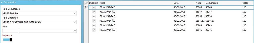 Em Vendas\Impressão de Documentos, em Tipo de Documento, selecione a opção GNRE Partilha.