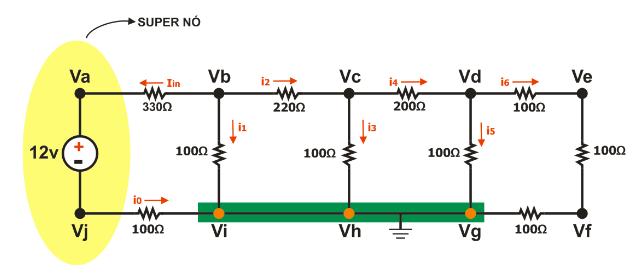 como valores solução: Correntes das malhas: I1 = 23,788 ma, I2 = 6,046 ma, I3 = 1,612 ma, I4 = 0,403 ma.