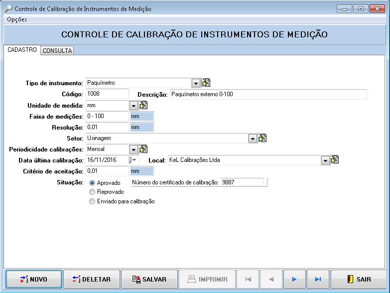 2.14 Controle de calibração de instrumentos de medição Este módulo permite o registro de cada instrumento de medição usado pelos inspetores, e controla o status da calibração de cada um