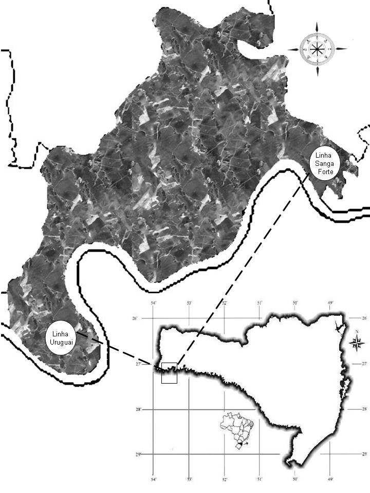 Figura 1. Mapa da localização do Município de Mondaí com os dois locais de coleta (Linha Uruguai e Linha Sanga Forte). Modificado de CIASC (2006). http://www.sc.gov.
