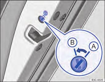 9 Na porta traseira esquerda: trava de segurança para crianças A desativada, B ativada. Ativar ou desativar a trava de segurança para crianças Destravar o veículo e abrir a respectiva porta traseira.