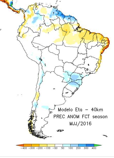 O modelo Eta (CPTEC/INPE) indica anomalias negativas de precipitação para o Nordeste Brasileiro e anomalias positivas para o norte do Rio Grande do Sul, Santa Catarina e Paraná para o trimestre