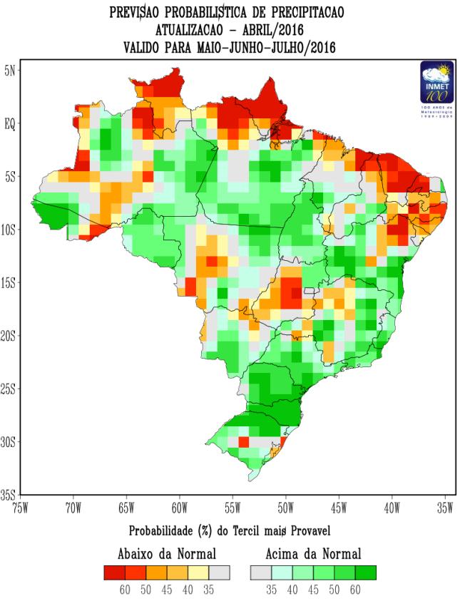 Já o modelo probabilístico do INMET apresenta valores acima do normal em boa parte do pais, exceto no extremo norte da região Norte e região Nordeste.