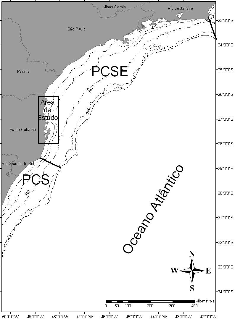 Figura 1 - Mapa do litoral sul-sudeste do Brasil: dentro do retângulo a localização da área de estudo. PCS = plataforma continental do sul e PCSE = plataforma continental do sudeste.