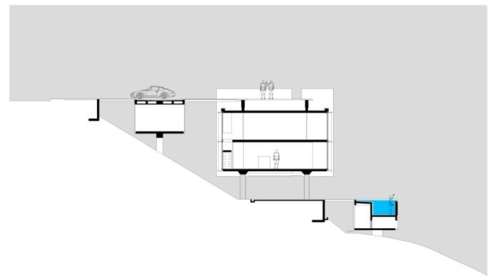 O Prisma 1 apoia-se num porticado centralizado na extensão longitudinal do volume dois pilares conectados pelas vigas das lajes de piso e cobertura -, configurando generosos balanços longitudinais ao