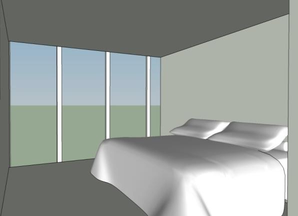 A grande esquadria no fundo do dormitório se estabelece como ponto focal e, ao mesmo, gera uma tensão