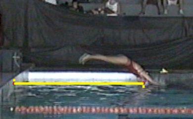 - Distância horizontal do vôo (DV): distância em metros considerada a partir da borda de partida, na linha da água, até o ponto em que a cabeça do nadador toca a superfície da água durante a entrada,