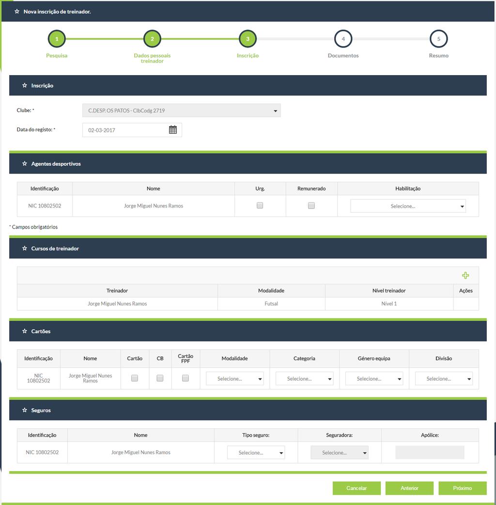 No passo 3 deve preencher os campos obrigatórios relacionados com a inscrição dos ADs. O clube aparece preenchido automaticamente com o clube do utilizador.