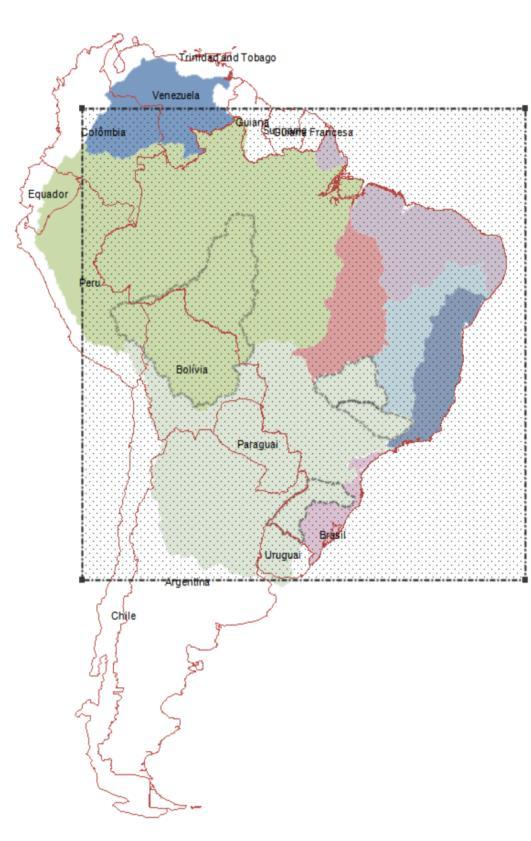 Figura 4.4. Representação da abrangência espacial dos dados do modelo ETA15 a disposição para este trabalho. Algumas das principais bacias brasileiras estão também representadas.