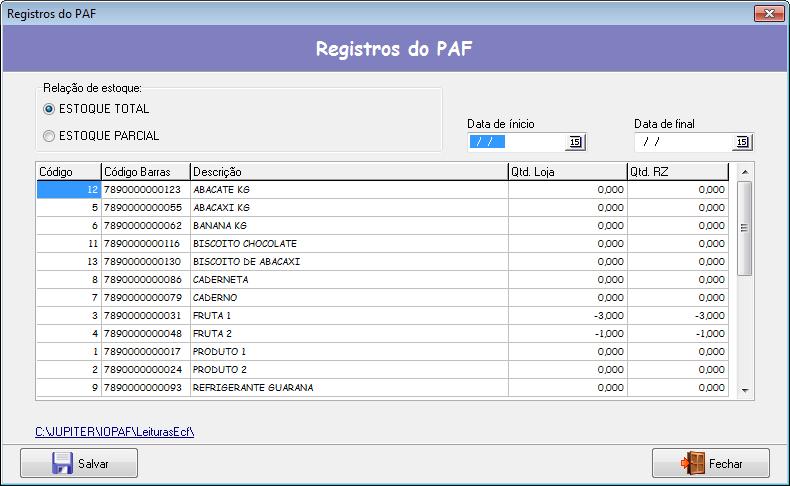 14 REGISTROS DO PAF PARA EMITIR O RELATORIO INFORME A DATA INICIAL E DATA FINAL DO PERIODO