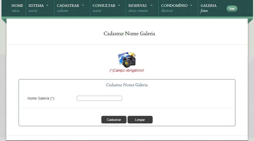 3.5 Cadastrar galeria fotos Tem como objetivo de produzir uma galeria com fotos. Visível somente para o usuário com nível de acesso Admin.