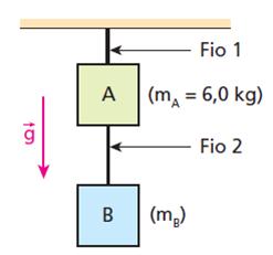 Desprezando o efeito de forças resistivas, calcule a aceleração máxima do conjunto, a fim de evitar o rompimento de um dos cabos: a) 1,0m/s2 b) 2,0m/s2 c) 4,0m/s2 d) 10,0m/s2 e) 12,0m/s2 3.