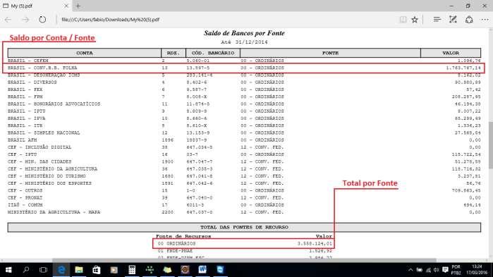 Figura 39. O relatório fornece a informação de duas formas: saldo por conta de banco / Fonte e o saldo total por Fonte de Recurso. (Fig. 40) Figura 40.