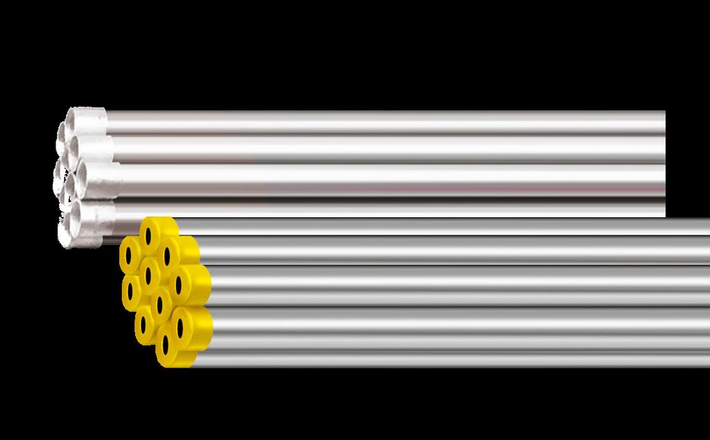 Eletrodutos Fogo Médio Rígidos de aço, com uma luva e protetor de rosca em barras de três metros; cabamento galvanizado a fogo (imersão a quente); Indicado para ambientes externos. REF.
