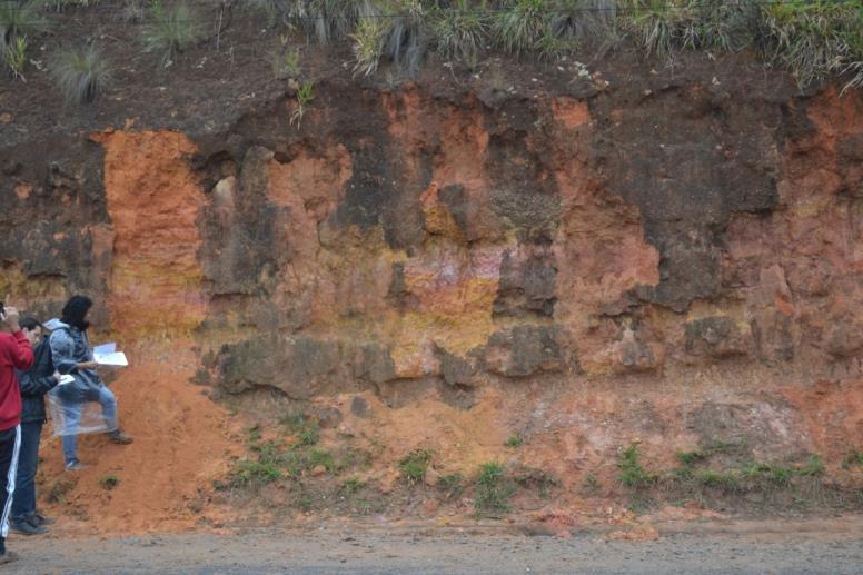 Nesta parada estávamos na Rodovia Presidente Dutra, ou seja, uma região de transição entre duas estruturas geomorfológicas, o Planalto Atlântico (Serra do mar), com rochas pré-cambrianas (gnaisse,
