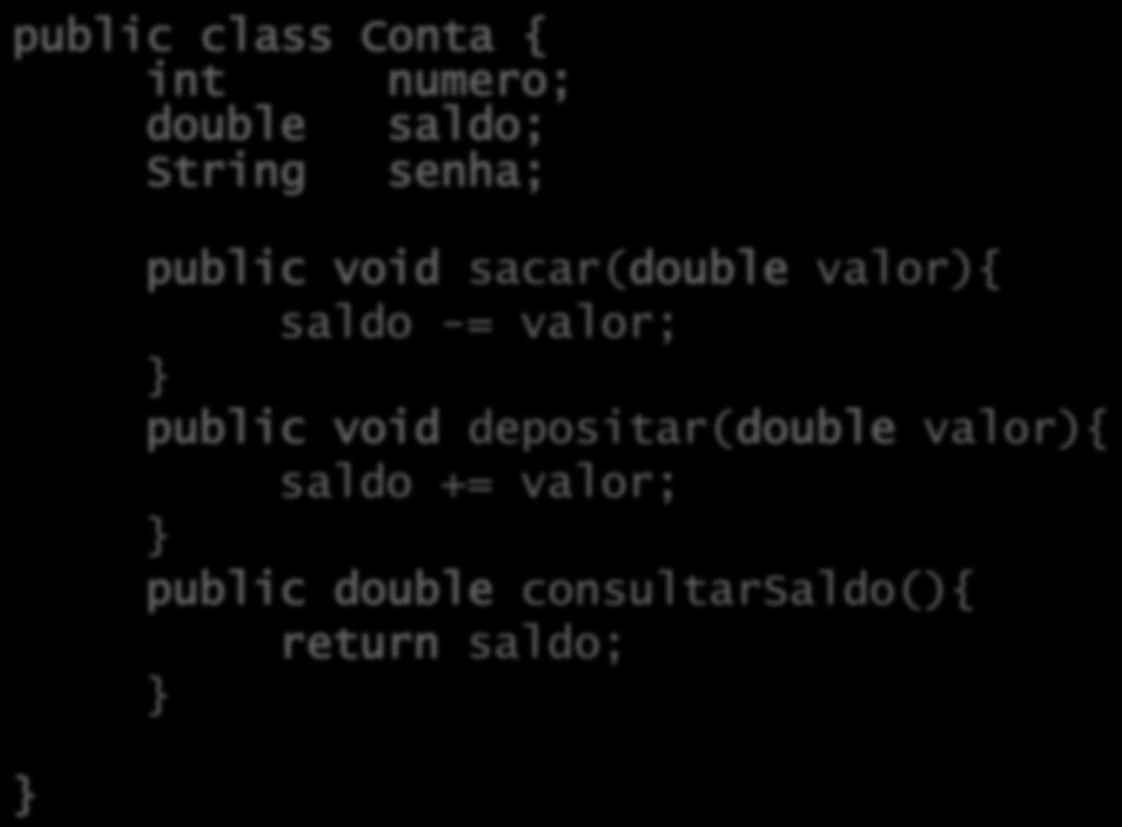 public class Conta { int numero; double saldo; String senha; Classe Conta public void sacar(double valor){