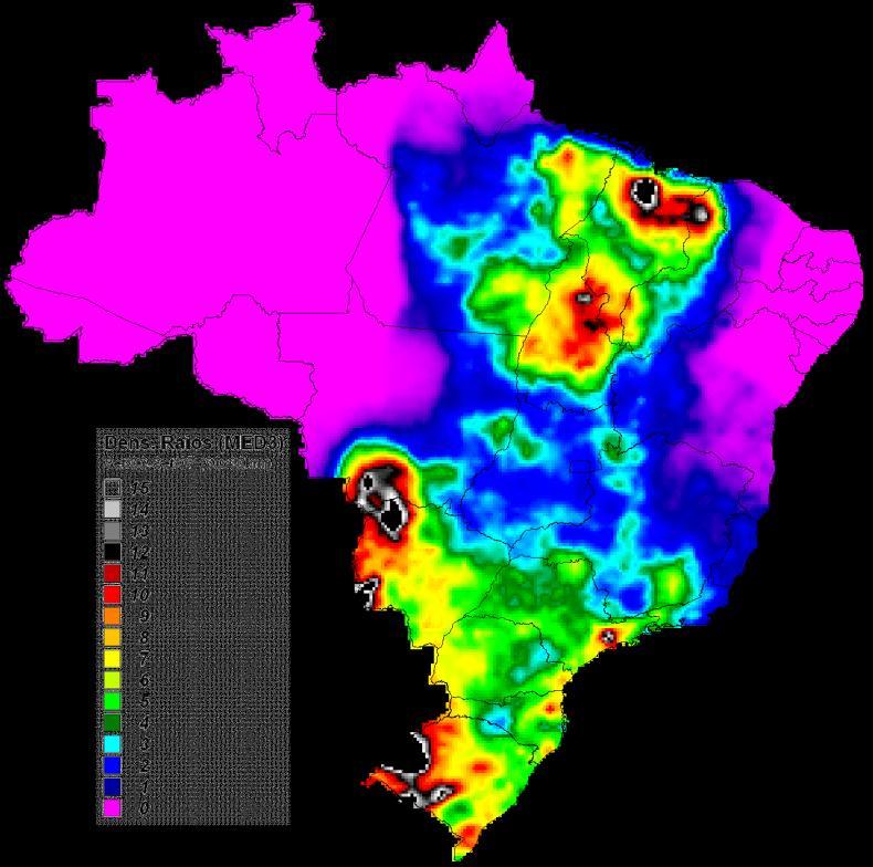 Figura 5 Mapa de densidade de raios para o período de set/2006 a set/2007 obtido pela rede BrasilDat de 47 sensores corrigido pelo MED do ELAT.