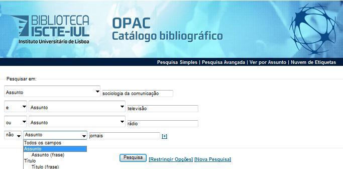 4.1 - Pesquisa Avançada utilizando mais opções Neste tipo de pesquisa pode pesquisar em todos os tipos de documentos, mas também pesquisar apenas num determinado tipo de documento: Monografia Geral,