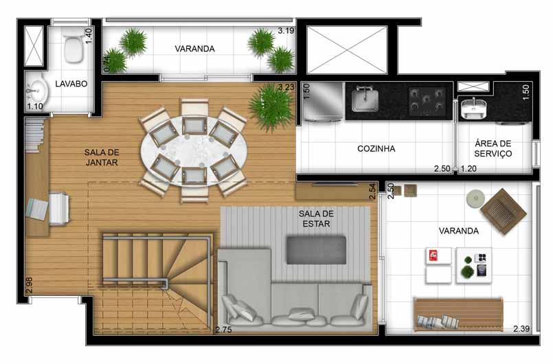 Plantas padrão de apartamentos de finais ímpar e par com sugestões de decoração.