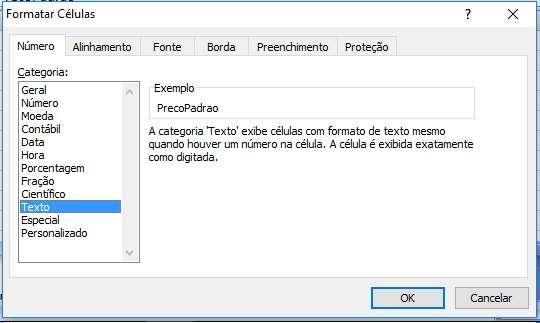 - Na caixa de diálogo Formatar Células selecionar o item Texto e clicar no botão Ok 3) Converter todas as