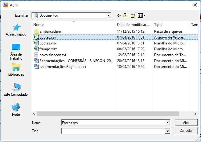 (exemplo: C:\Users\Gerson Jr\Documents\Epctas.csv ) ou usar o botão.