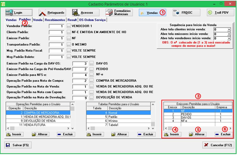 Depois de configurar os emissores, é necessário realizar a liberação deste para os usuários. Para isso, acesse o módulo Retaguarda, menu Tabelas, Tabela Parâmetros Usuários.