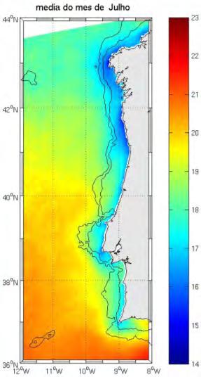 1 Comportamento geral Na figura 6 são apresentadas médias dos oito anos para os meses de Junho a Setembro, onde se observa que ao largo da costa Oeste da Península Ibérica a temperatura da superfície