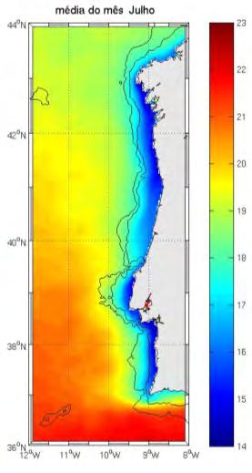 Em Junho o desvio padrão é maior na faixa entre 38 N e os 42 N entre a costa e o largo do que no resto da região a Oeste da Península Ibérica.