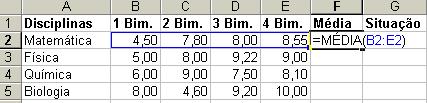Para digitar a função clique na célula F2, digite =MÉDIA(clique com o mouse na célula B2 e arraste para a direita até a célula E2, feche o parêntese e tecle enter.
