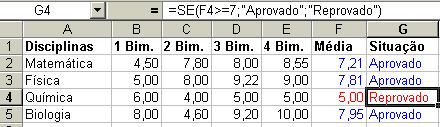 =SE(F4>=7;"Aprovado";"Reprovado") Se o conteúdo da célula F4 for maior ou igual a nota 7 mostrará o texto Aprovado, caso contrário mostrará o texto Reprovado.