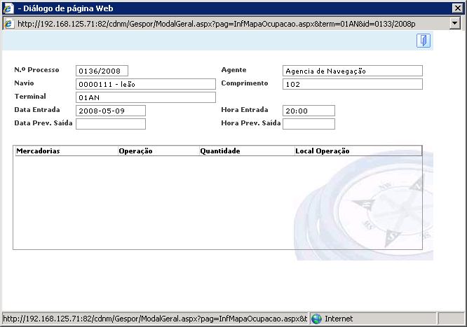 PÁGINA 131 DE 133 Informação Visível Número de Processo: Identificação do Número de Processo. Navio: Nome do Navio. Terminal: Local de Atracação do Navio. Agente: Nome do Agente de Navegação.