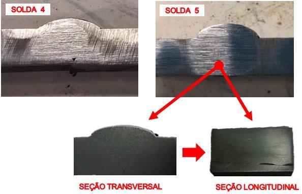 54 superficial na face do cordão, porém quando cortado o cordão de solda, pode-se observar a falta de penetração e vazios ao longo da solda 4 e intermitente na solda 5, como pode ser observado na