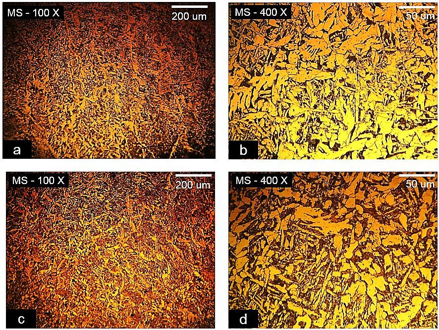 64 4.2 Micrografia A Figura 48 apresenta a microestrutura da junta soldada no metal de solda com pré-aquecimento (48a e 48b) e sem pré-aquecimento (48c e 48d).