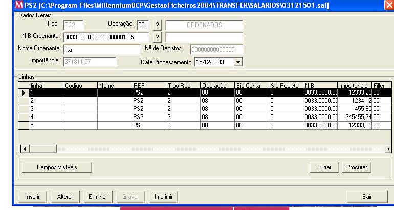 Nesta opção podem ser alterados os seguintes dados do registo header do ficheiro: - Número da conta ordenante; - Data de processamento.