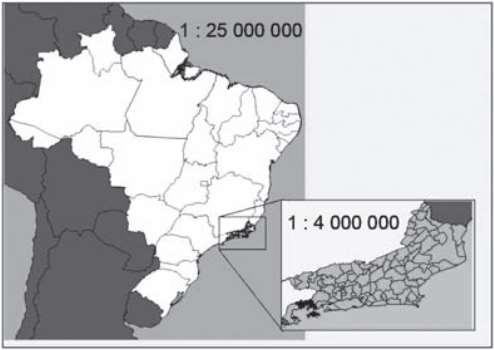 ENEM 2013) A figura apresenta dois mapas, em que o estado do Rio de Janeiro é visto em diferentes escalas.