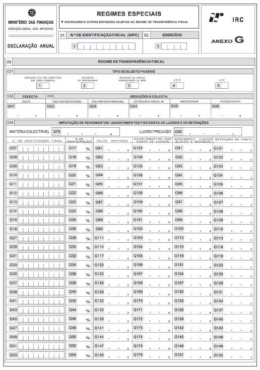 IES ANEXO G Destinado a regimes especiais, nomeadamente o regime de Transparência Fiscal.