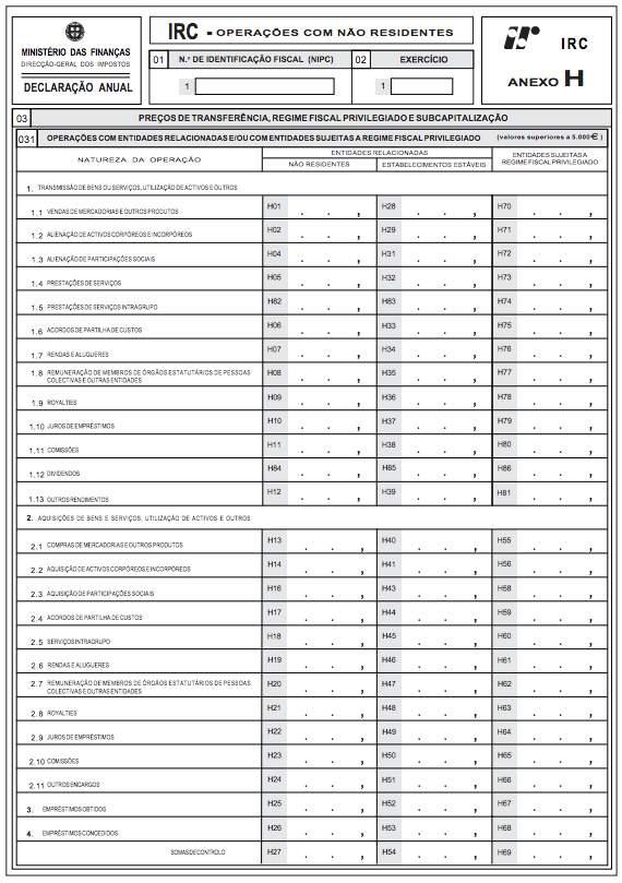 IES ANEXO H Destinado a operações com não residentes.