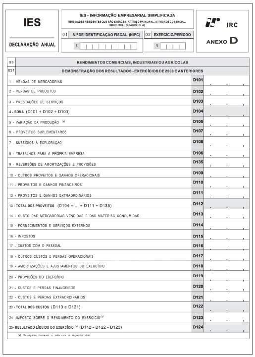 IES ANEXO D Destinado a entidades residentes que não exerçam, a título principal, atividade comercial, industrial ou