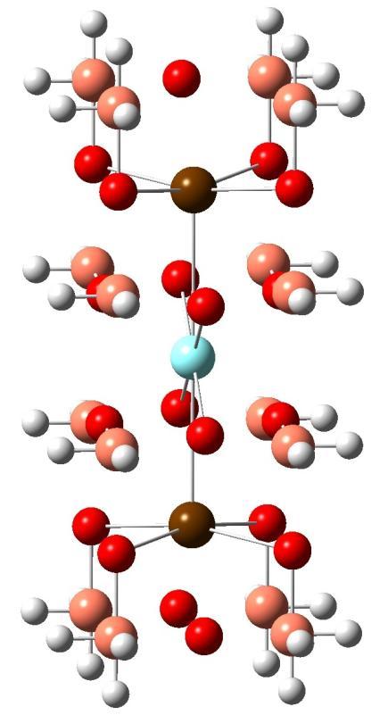 Figura 7. Um modelo de cluster saturado com hidrogênio (em branco) da estrutura ortorrômbica do YBCO sem vacância e ao lado a mesma estrutura com uma vacância no oxigênio.