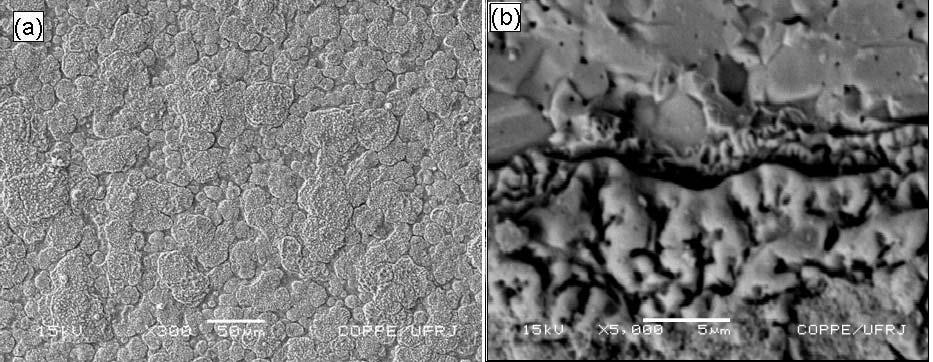 Figura 7: Imagens de microscopia eletrônica de varredura da (a) superfície e (a) secção transversal (interface) de filmes de LSM depositados em 8ZEI com fluxo de 1,0 ml/min e termicamente tratados a
