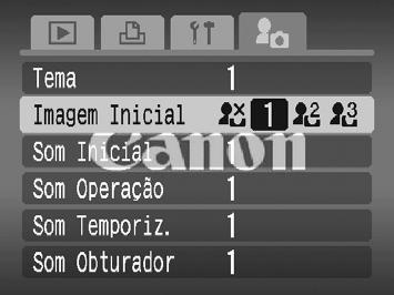 5 Alterar a Imagem ou o Som Inicial (Definições de Minha Câmara) É possível definir imagens captadas como imagem inicial apresentada ao ligar a câmara, ou gravar sons para cada uma das operações da