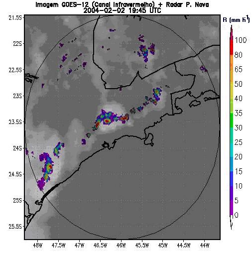 Fig. 2: Composição dos campos de temperatura de brilho (tons de cinza) da imagem do satélite GOES-12 no canal infravermelho das 1945 UTC e CAPPI de 3 km do radar de São Paulo às 1946 UTC em