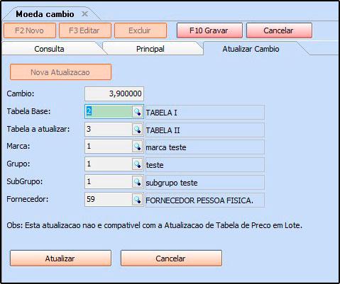 Tabela a atualizar: Insira a tabela de preço que terá os seus valores alterados de acordo com o câmbio informado e a tabela base que foi inserida.