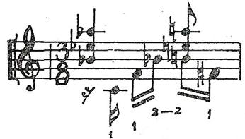 70 No compasso 11 (Fig. 49), temos a apresentação de um novo material, composto pelo mesmo acorde quartal do primeiro motivo, intercalado por uma nota no baixo.