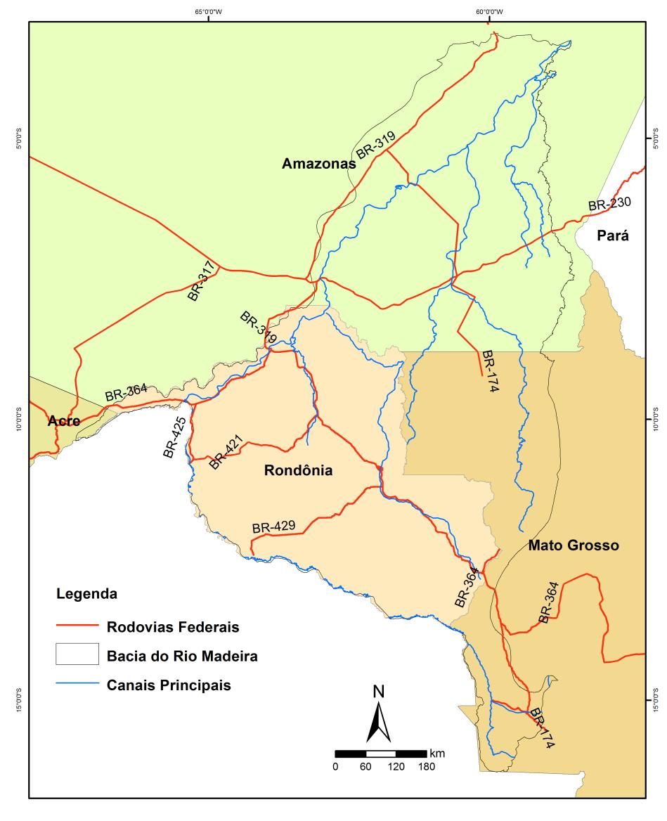 45 temporária ou permanentemente áreas próximas ao rio, a elevação de níveis tem múltiplos efeitos e impactos sobre o meio físico e biológico. Figura 21: Distribuição das principais rodovias federais.