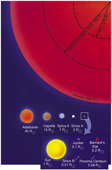 Tamanho das estrelas Estrela quente (O5): R=1,25x10 7 km=18 R Sol Estrela fria (M5): R=2,23x10 5 km=0,32 R Sol Gigante vermelha (Betelgeuse):